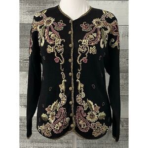 VTG Tiara International Women's Size M Cardigan Sweater Black Embroidered Floral